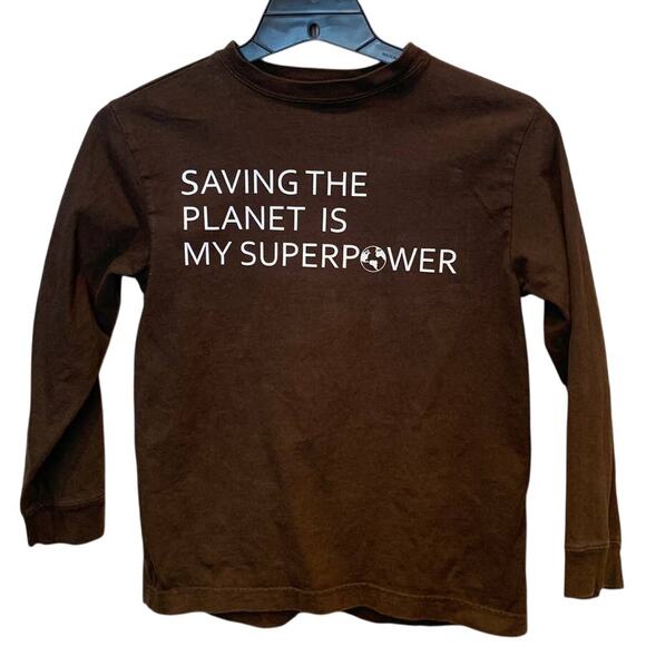 Hand Printed Upcycled Kids Medium Saving the Planet is My Superpower Tee - Picture 1 of 3